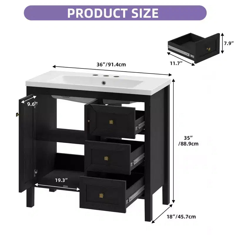 36 Inch Bathroom Vanity with Ceramic Sink Bathroom Storage Cabinet with 2 Doors amd 3 Drawers 2 Doors