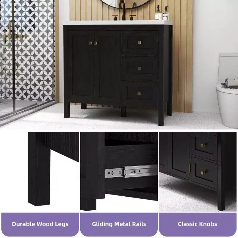 36 Inch Bathroom Vanity with Ceramic Sink Bathroom Storage Cabinet with 2 Doors amd 3 Drawers 2 Doors
