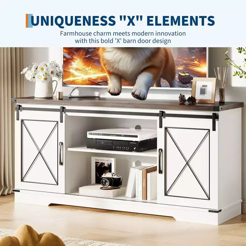 TV Stand for TV Up to 65 Inches, Wood Entertainment Center with Sliding Barn Doors, Media Console Table for Living Room