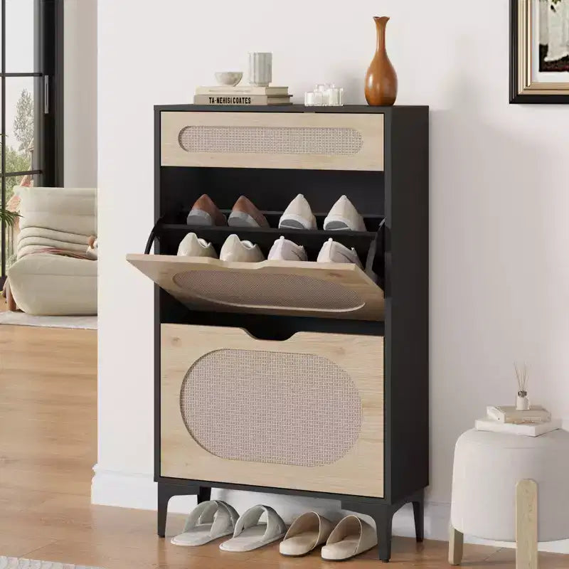 Rattan Shoe Cabinet with 2 Flip Drawers and 1 Pull-Out Drawer, Shoe Storage Cabinet, 3-Position Adjustable Shelf, Narrow Shoe Cabinet for Entryway