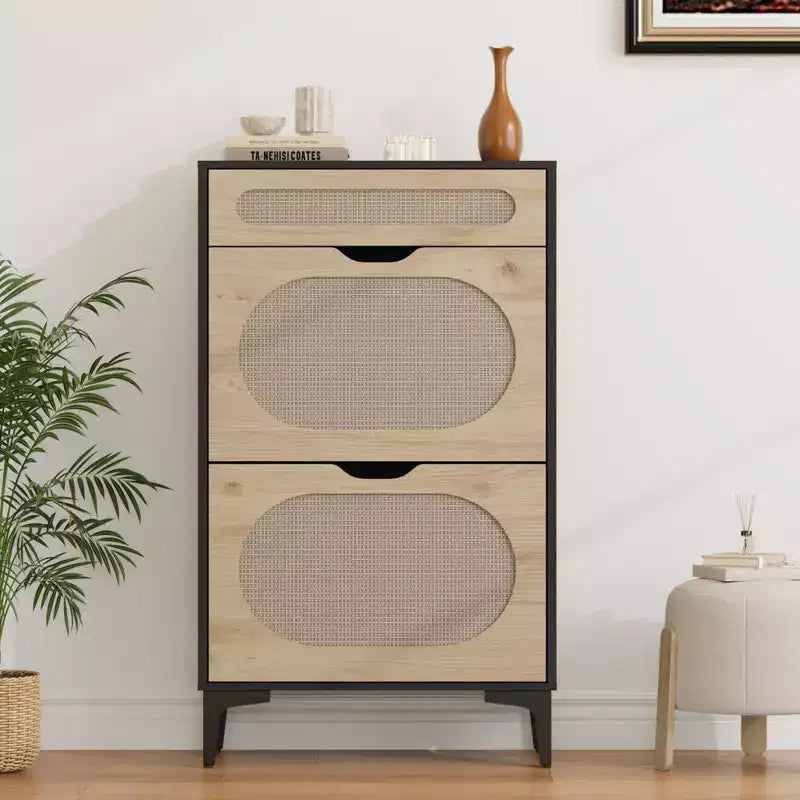 Rattan Shoe Cabinet with 2 Flip Drawers and 1 Pull-Out Drawer, Shoe Storage Cabinet, 3-Position Adjustable Shelf, Narrow Shoe Cabinet for Entryway