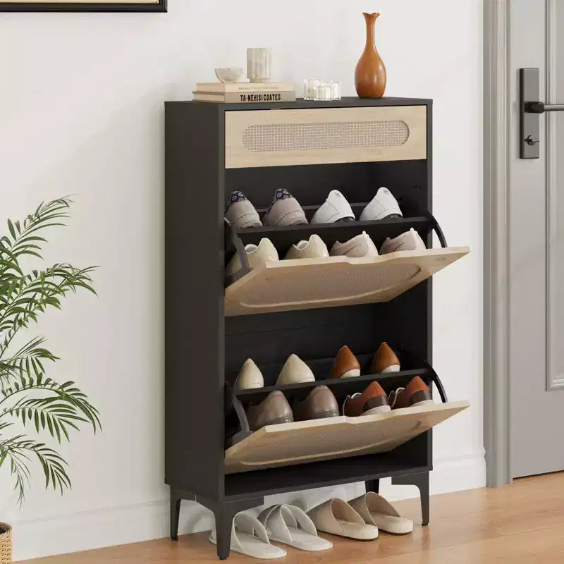 Rattan Shoe Cabinet with 2 Flip Drawers and 1 Pull-Out Drawer, Shoe Storage Cabinet, 3-Position Adjustable Shelf, Narrow Shoe Cabinet for Entryway