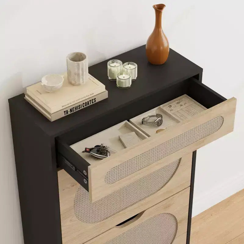 Rattan Shoe Cabinet with 2 Flip Drawers and 1 Pull-Out Drawer, Shoe Storage Cabinet, 3-Position Adjustable Shelf, Narrow Shoe Cabinet for Entryway