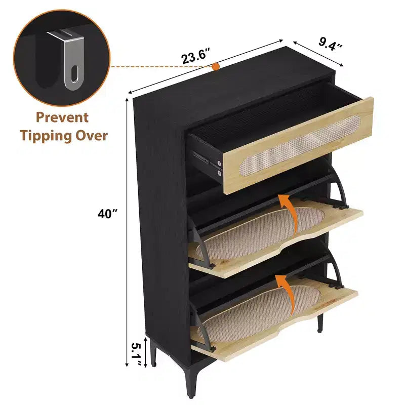Rattan Shoe Cabinet with 2 Flip Drawers and 1 Pull-Out Drawer, Shoe Storage Cabinet, 3-Position Adjustable Shelf, Narrow Shoe Cabinet for Entryway