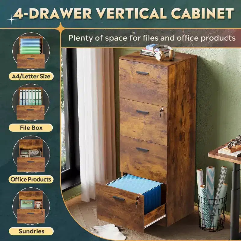 DEXYLLO 4-Drawer Vertical File Cabinet with Lock - Wood Storage Organizer for Home Office, Fits A4/Letter Size Files
