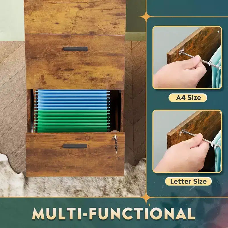 DEXYLLO 4-Drawer Vertical File Cabinet with Lock - Wood Storage Organizer for Home Office, Fits A4/Letter Size Files