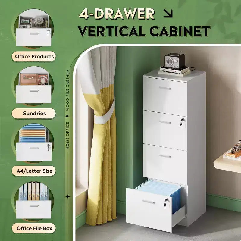 DEXYLLO 4-Drawer Vertical File Cabinet with Lock - Wood Storage Organizer for Home Office, Fits A4/Letter Size Files