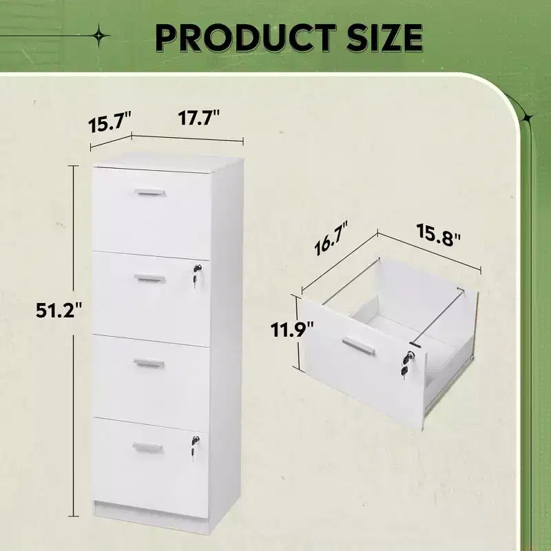 DEXYLLO 4-Drawer Vertical File Cabinet with Lock - Wood Storage Organizer for Home Office, Fits A4/Letter Size Files