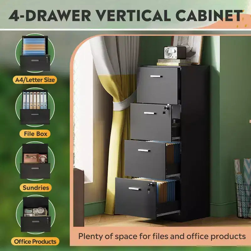 DEXYLLO 4-Drawer Vertical File Cabinet with Lock - Wood Storage Organizer for Home Office, Fits A4/Letter Size Files