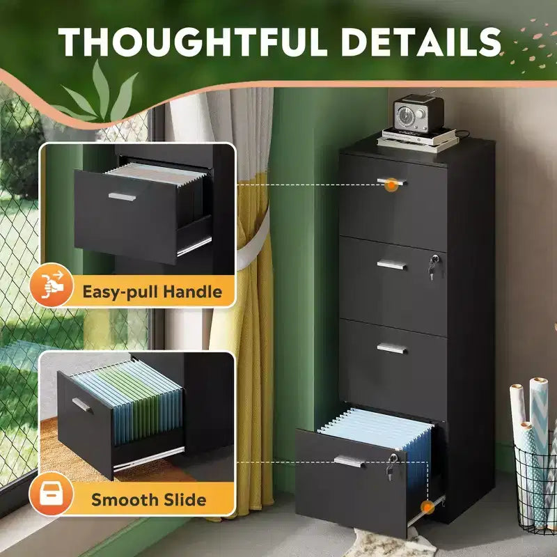 DEXYLLO 4-Drawer Vertical File Cabinet with Lock - Wood Storage Organizer for Home Office, Fits A4/Letter Size Files