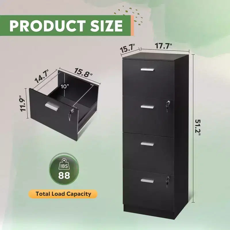 DEXYLLO 4-Drawer Vertical File Cabinet with Lock - Wood Storage Organizer for Home Office, Fits A4/Letter Size Files