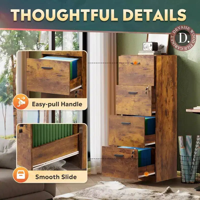 DEXYLLO 4-Drawer Vertical File Cabinet with Lock - Wood Storage Organizer for Home Office, Fits A4/Letter Size Files