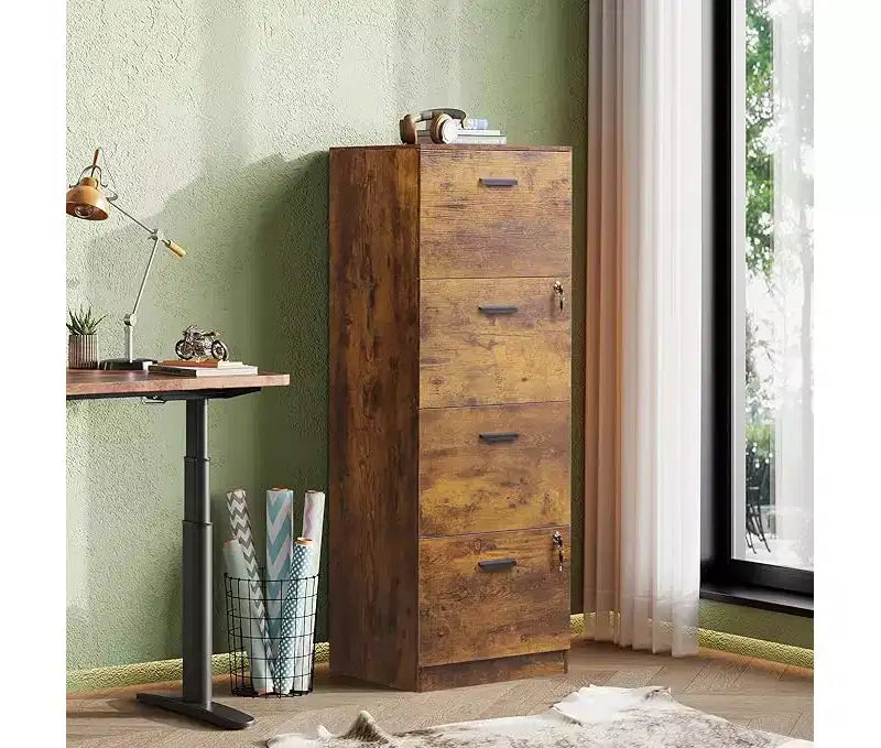 DEXYLLO Aktenschrank mit 4 Schubladen und Schloss – Holz-Rollcontainer für das Home-Office, passend für A4/Letter-Format