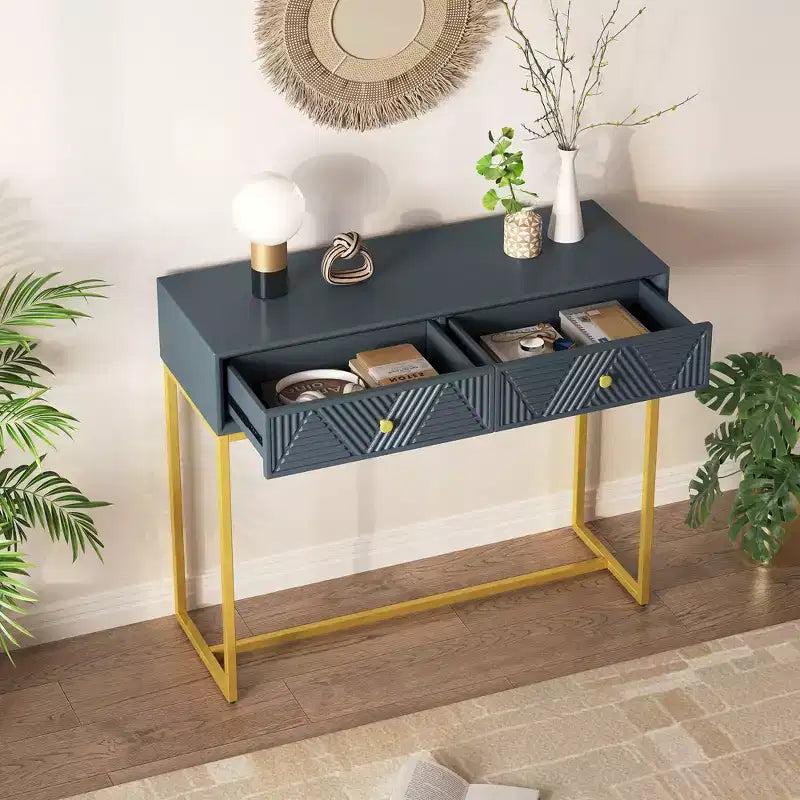 Okak Modern Entryway Table with Golden Legs, Narrow Console Table with 2 Drawers and Stripe Design, Accent Table for Living Room, Hallway