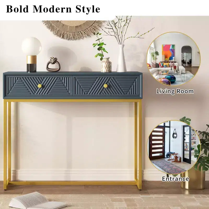Okak Modern Entryway Table with Golden Legs, Narrow Console Table with 2 Drawers and Stripe Design, Accent Table for Living Room, Hallway