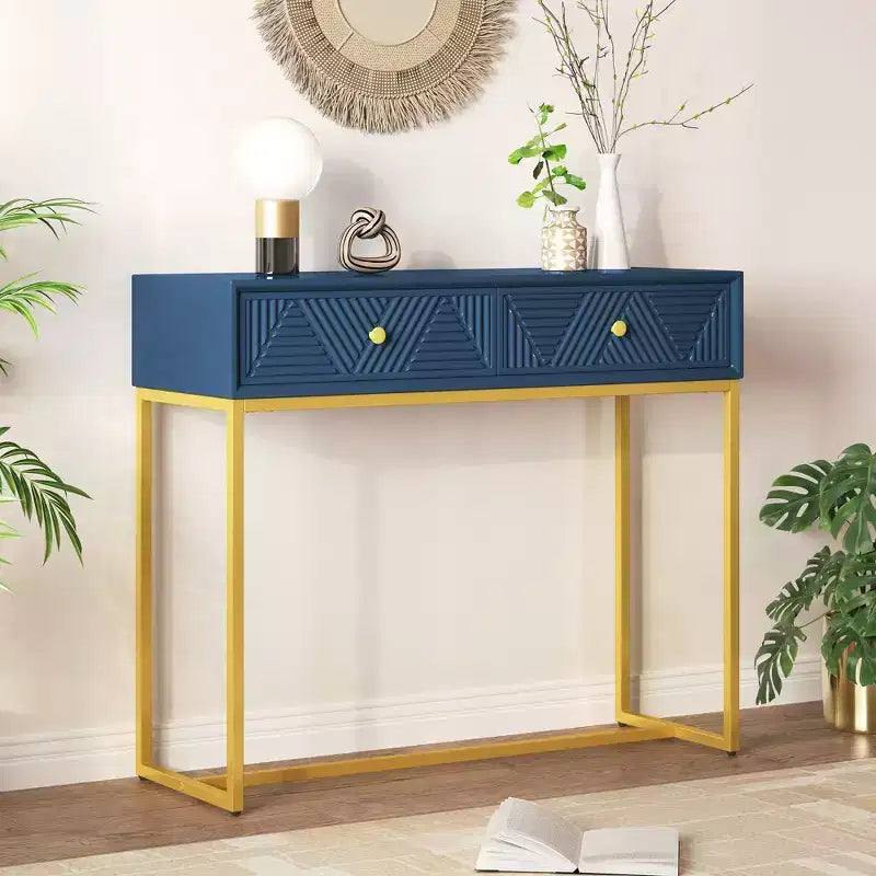 Okak Modern Entryway Table with Golden Legs, Narrow Console Table with 2 Drawers and Stripe Design, Accent Table for Living Room, Hallway