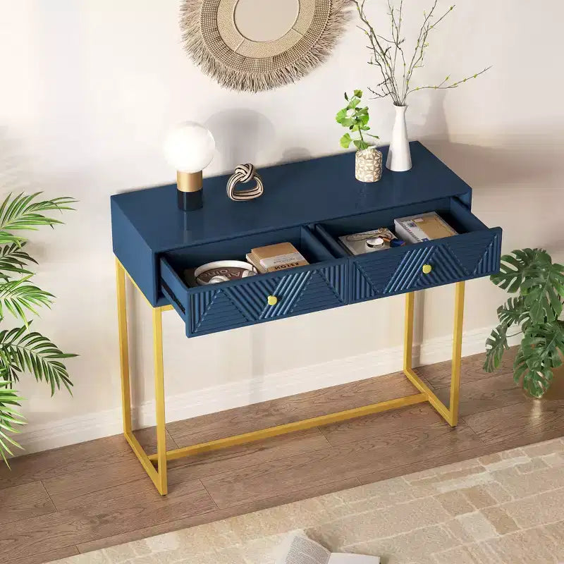 Okak Modern Entryway Table with Golden Legs, Narrow Console Table with 2 Drawers and Stripe Design, Accent Table for Living Room, Hallway