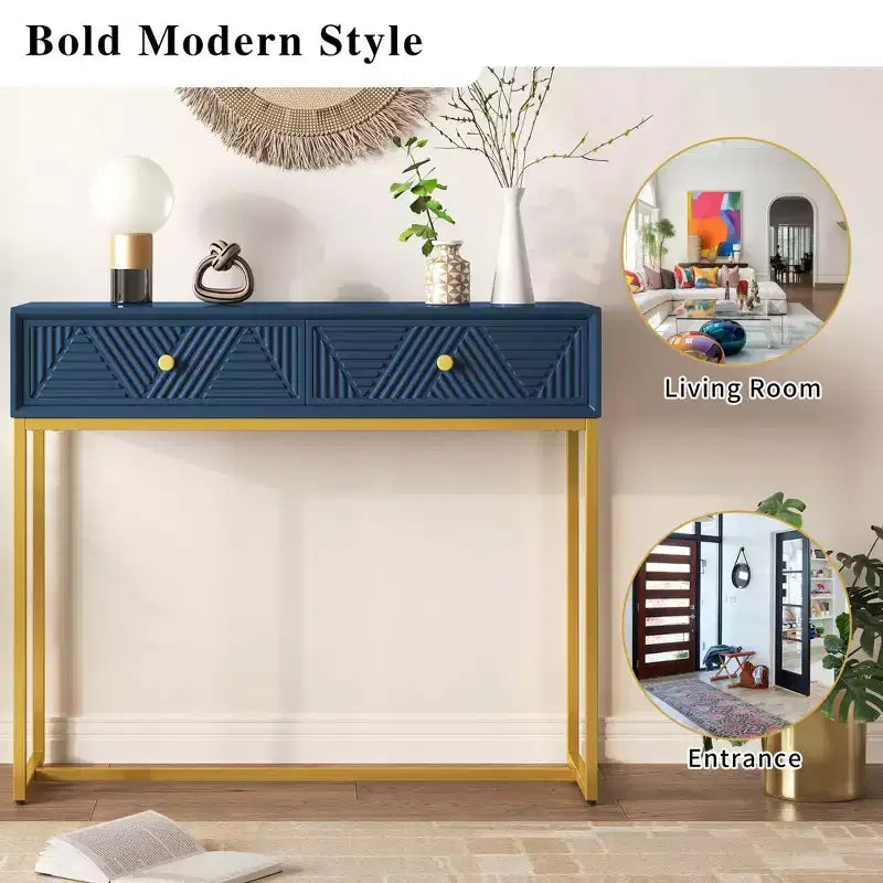 Okak Modern Entryway Table with Golden Legs, Narrow Console Table with 2 Drawers and Stripe Design, Accent Table for Living Room, Hallway
