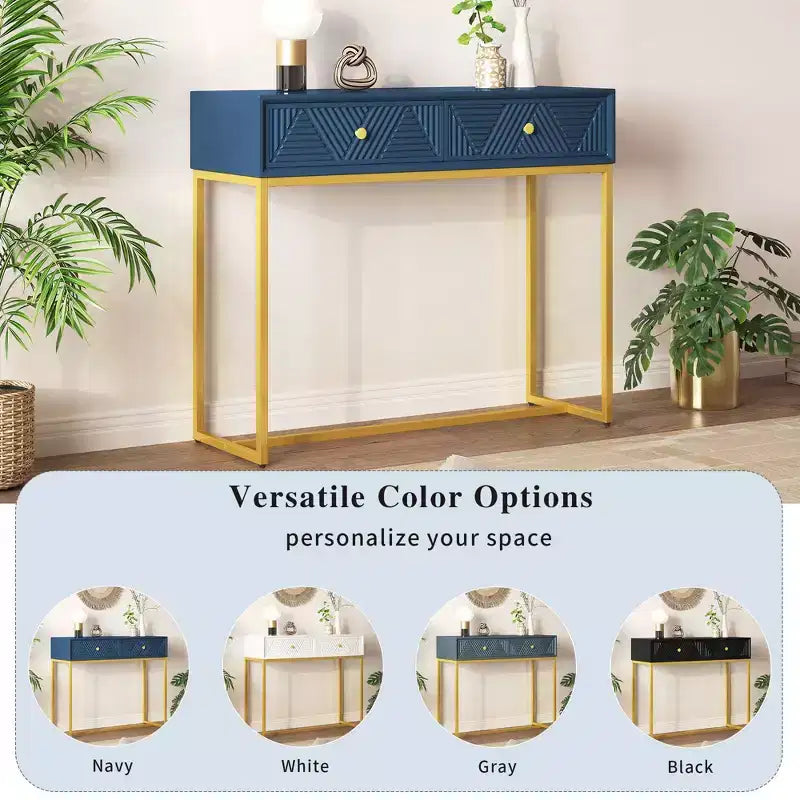 Okak Modern Entryway Table with Golden Legs, Narrow Console Table with 2 Drawers and Stripe Design, Accent Table for Living Room, Hallway