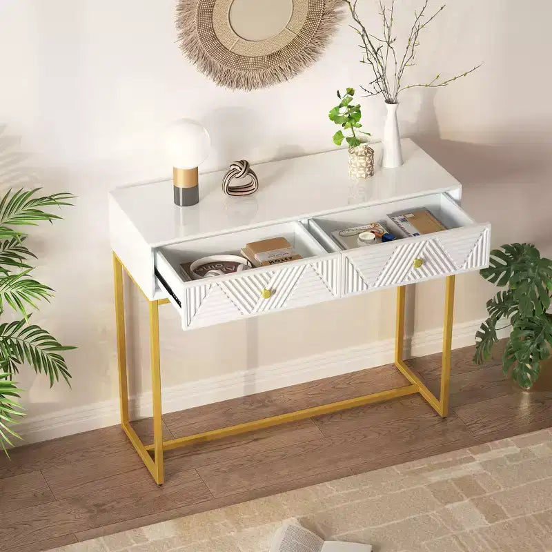 Okak Modern Entryway Table with Golden Legs, Narrow Console Table with 2 Drawers and Stripe Design, Accent Table for Living Room, Hallway