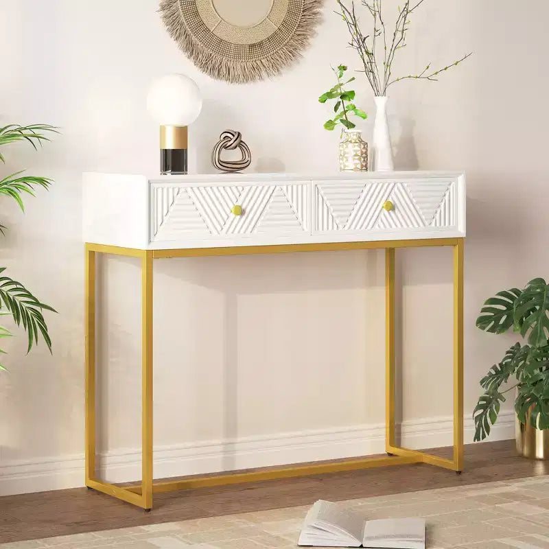 Okak Modern Entryway Table with Golden Legs, Narrow Console Table with 2 Drawers and Stripe Design, Accent Table for Living Room, Hallway