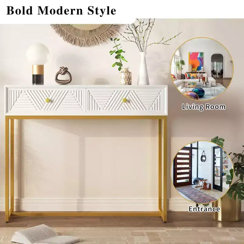 Okak Modern Entryway Table with Golden Legs, Narrow Console Table with 2 Drawers and Stripe Design, Accent Table for Living Room, Hallway