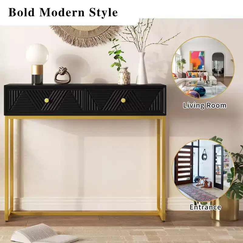 Okak Modern Entryway Table with Golden Legs, Narrow Console Table with 2 Drawers and Stripe Design, Accent Table for Living Room, Hallway