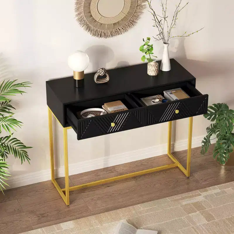 Okak Modern Entryway Table with Golden Legs, Narrow Console Table with 2 Drawers and Stripe Design, Accent Table for Living Room, Hallway