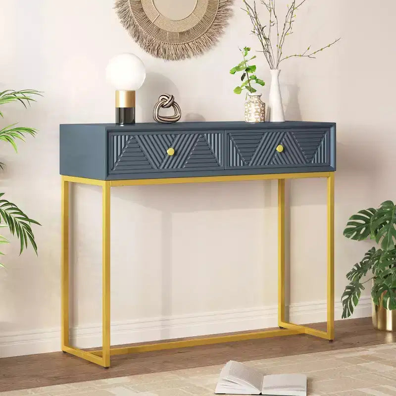 Okak Modern Entryway Table with Golden Legs, Narrow Console Table with 2 Drawers and Stripe Design, Accent Table for Living Room, Hallway