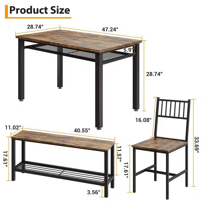 Modern Kitchen Table Chairs Set for 4,with Bench and Chairs,Kitchen Table Set with Storage Rack for Dining Room/Farmhouse/Kitchen/Apartment