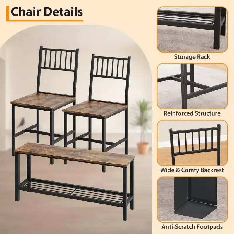 Modern Kitchen Table Chairs Set for 4,with Bench and Chairs,Kitchen Table Set with Storage Rack for Dining Room/Farmhouse/Kitchen/Apartment