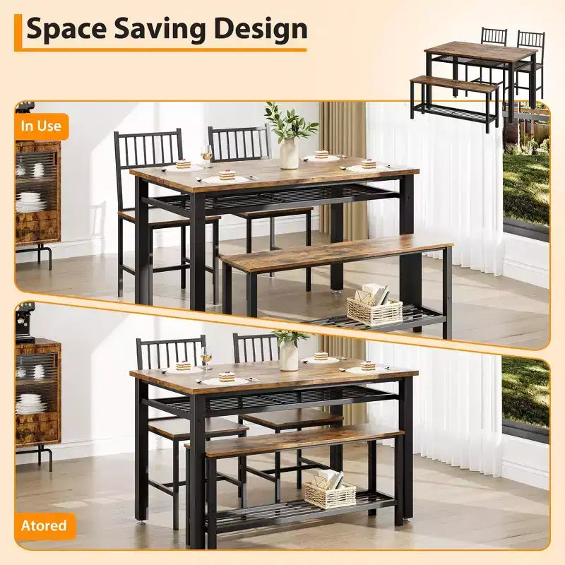 Modern Kitchen Table Chairs Set for 4,with Bench and Chairs,Kitchen Table Set with Storage Rack for Dining Room/Farmhouse/Kitchen/Apartment