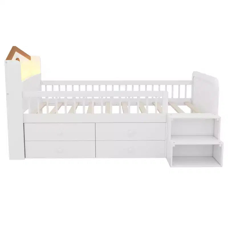 Whisen Low Twin Loft Bed with LED Lights, House Shape Headboard & Storage Drawers, Solid Construction