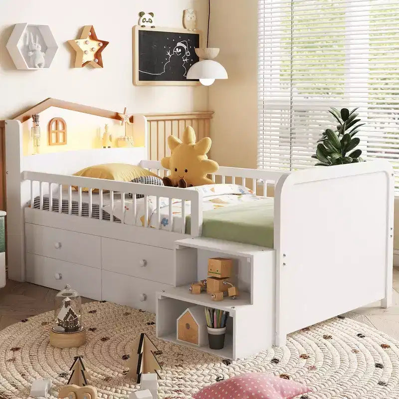 Whisen Low Twin Loft Bed with LED Lights, House-Shaped Headboard & Storage Drawers, Solid Construction