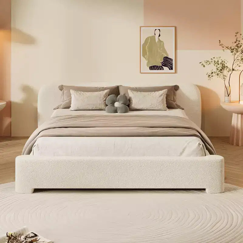 Elegant Platform Bed, Boucle Fabric Upholstered Bed Frame with Soft Headboard, Full/Queen/King Size, White - ModernLuxe
