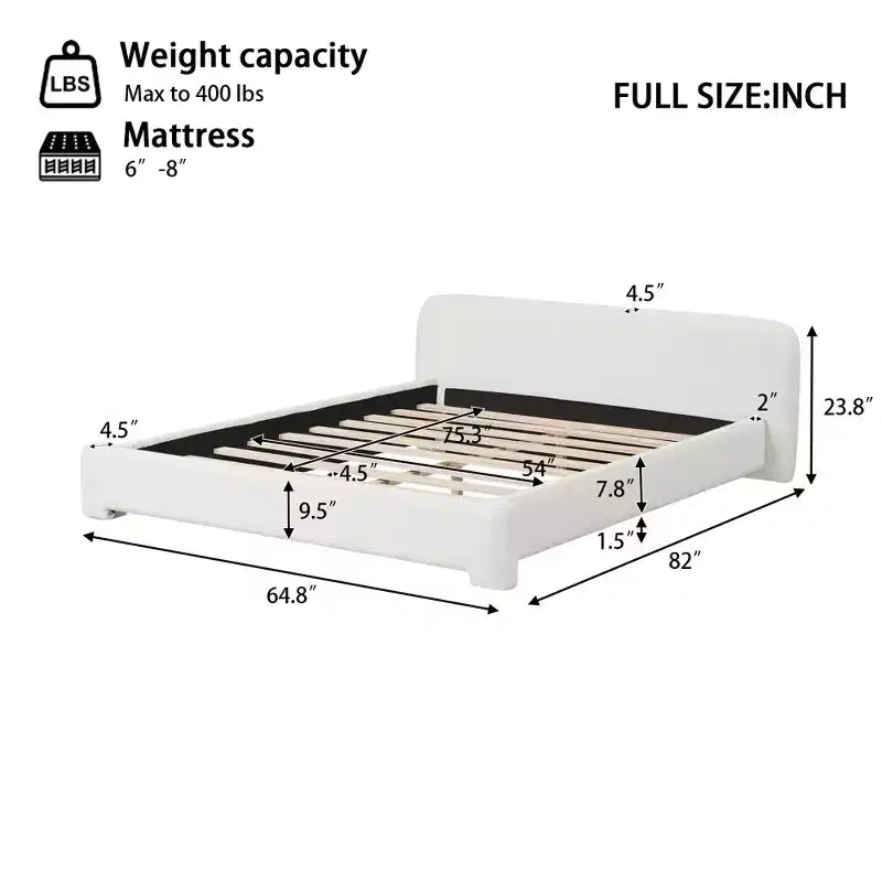 Elegant Platform Bed, Boucle Fabric Upholstered Bed Frame with Soft Headboard, Full/Queen/King Size, White - ModernLuxe