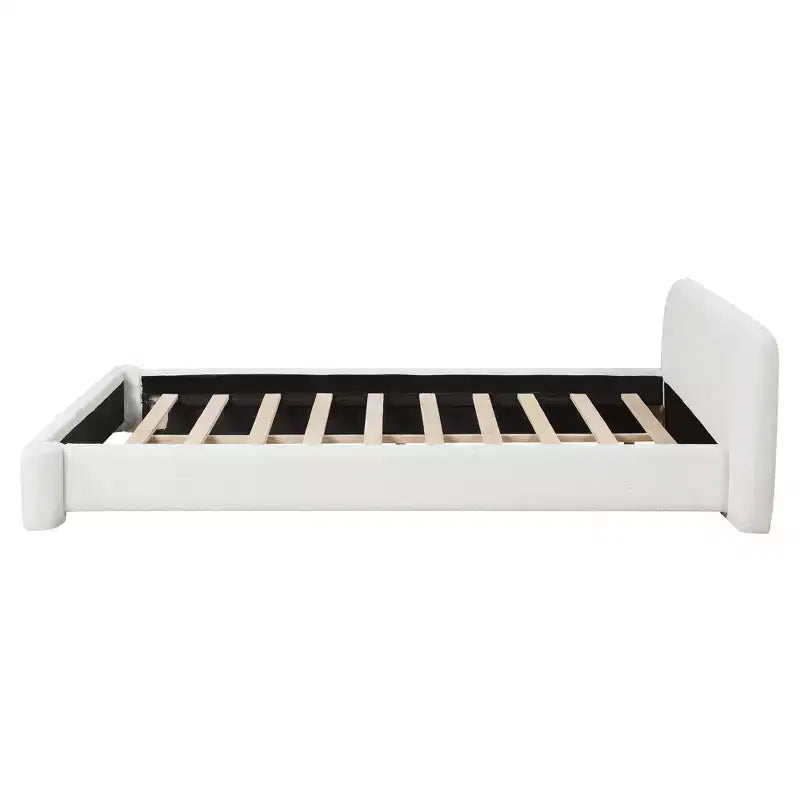 Elegant Platform Bed, Boucle Fabric Upholstered Bed Frame with Soft Headboard, Full/Queen/King Size, White - ModernLuxe