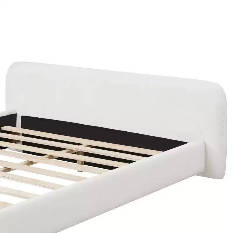 Elegant Platform Bed, Boucle Fabric Upholstered Bed Frame with Soft Headboard, Full/Queen/King Size, White - ModernLuxe