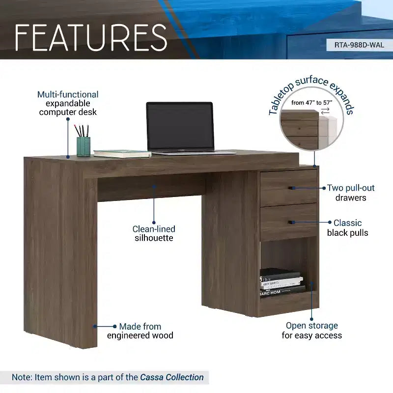 Okak 47.5IN Modern Expandable Home Office Desk, Computer Desk with 2 Drawers and 1 Shelf, Writing Desk for Reading Room, Study