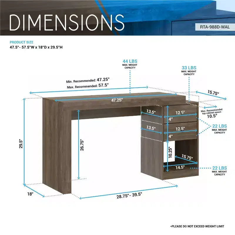 Okak 47.5IN Modern Expandable Home Office Desk, Computer Desk with 2 Drawers and 1 Shelf, Writing Desk for Reading Room, Study