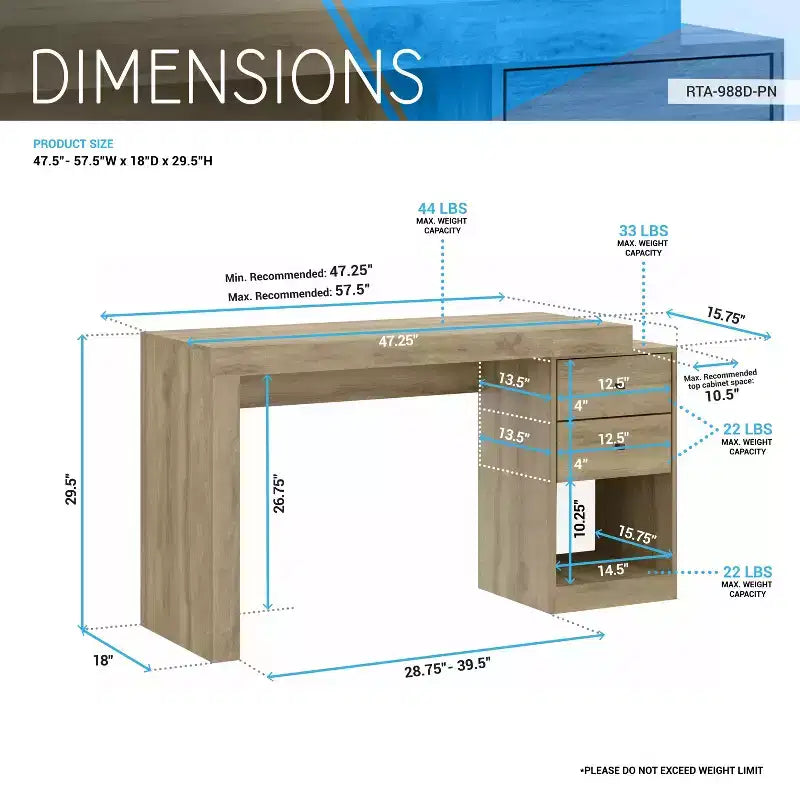 Okak 47.5IN Modern Expandable Home Office Desk, Computer Desk with 2 Drawers and 1 Shelf, Writing Desk for Reading Room, Study