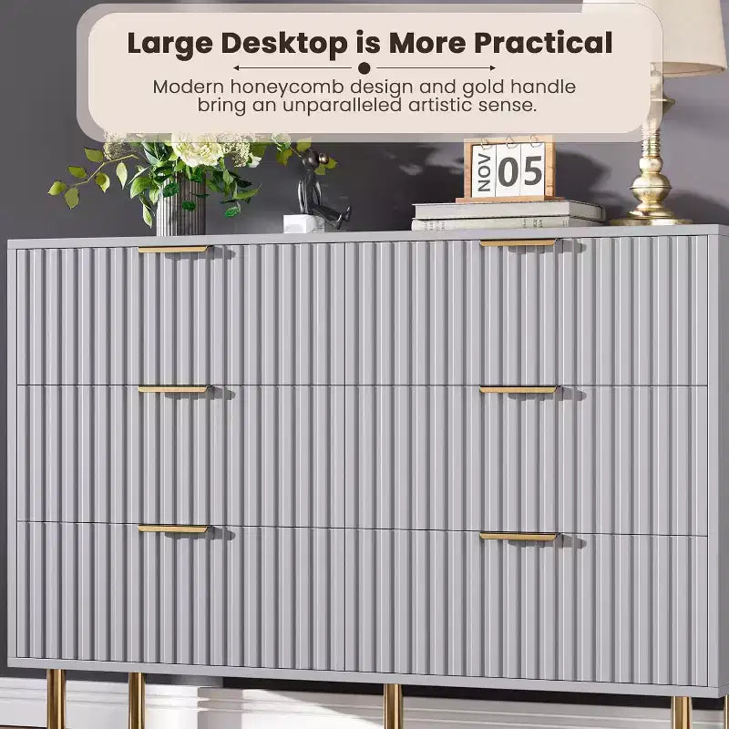 6-Drawer Dresser, Modern Wooden Bedroom Chest of Drawers With Storage Drawers, Farmhouse Style TV Stand for Living Room, Bedroom, Hallway
