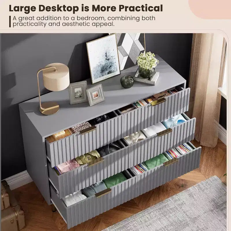 6-Drawer Dresser, Modern Wooden Bedroom Chest of Drawers With Storage Drawers, Farmhouse Style TV Stand for Living Room, Bedroom, Hallway