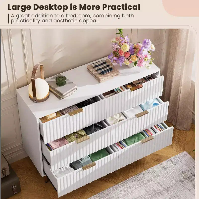 6-Drawer Dresser, Modern Wooden Bedroom Chest of Drawers With Storage Drawers, Farmhouse Style TV Stand for Living Room, Bedroom, Hallway