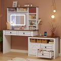 COZONY Corner Makeup Vanity, LED Mirror, Glass Top, Outlets & USB, 1 Door, 4 Drawers, 7 Shelves