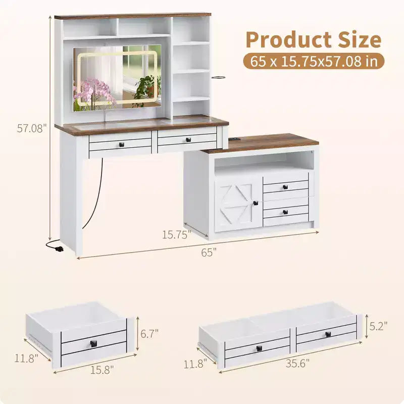 COZONY Corner Makeup Vanity, LED Mirror, Glass Top, Outlets & USB, 1 Door, 4 Drawers, 7 Shelves