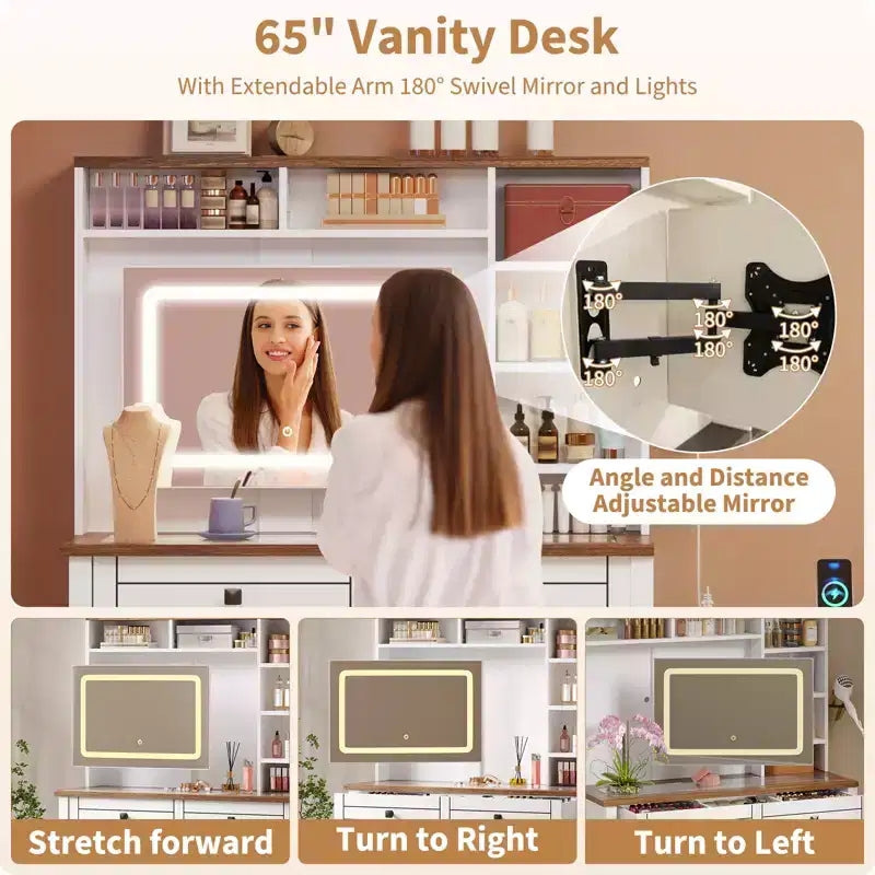 COZONY Corner Makeup Vanity, LED Mirror, Glass Top, Outlets & USB, 1 Door, 4 Drawers, 7 Shelves