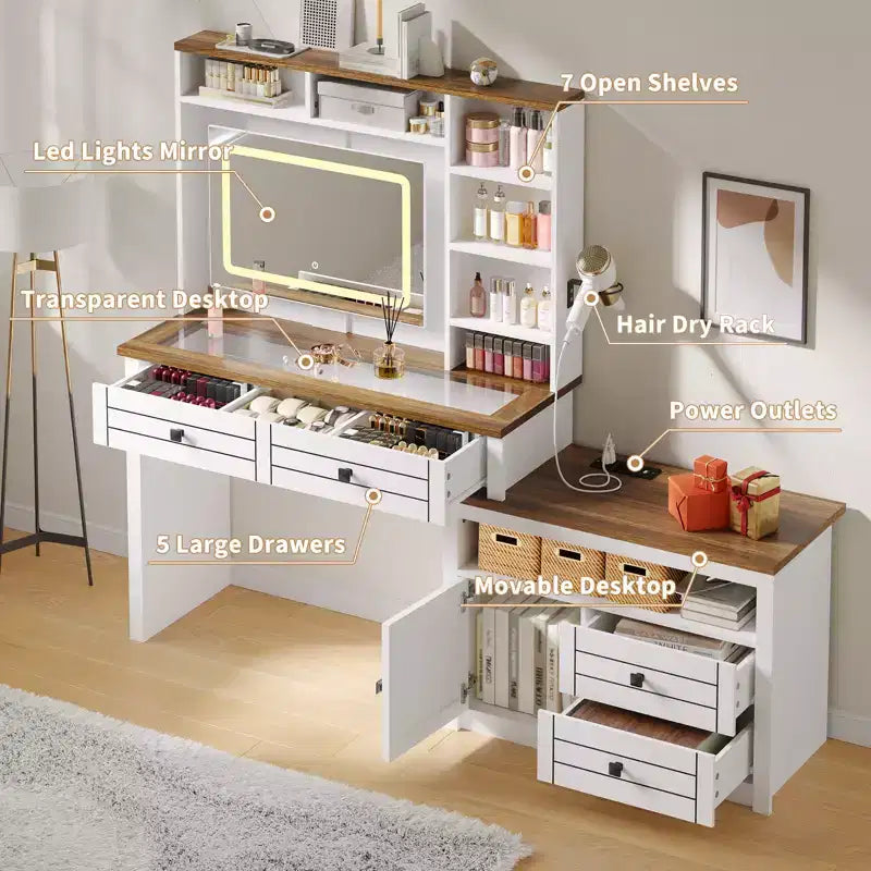 COZONY Corner Makeup Vanity, LED Mirror, Glass Top, Outlets & USB, 1 Door, 4 Drawers, 7 Shelves