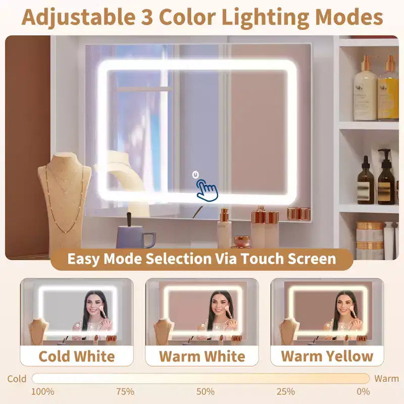 COZONY Corner Makeup Vanity, LED Mirror, Glass Top, Outlets & USB, 1 Door, 4 Drawers, 7 Shelves