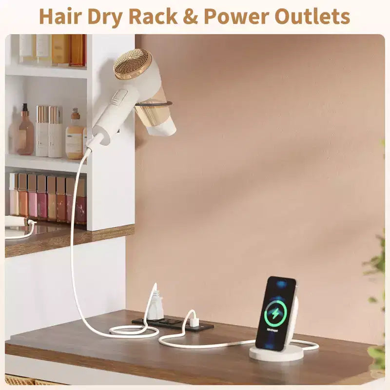 COZONY Corner Makeup Vanity, LED Mirror, Glass Top, Outlets & USB, 1 Door, 4 Drawers, 7 Shelves